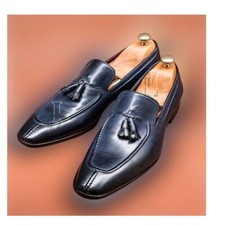 Handmade Men's Navy Blue Pure Leather Loafer Slipper Split Toe Dress Shoes Sale!