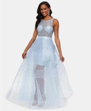  415 Betsy Adam Women's Blue Elsa Glitter Mesh Bow Back Gown Dress 6 yno0523