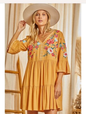 Gold Babydoll Dress Tiered Jr L Boho Grabola Mustard Marigold Embroidered  Floral