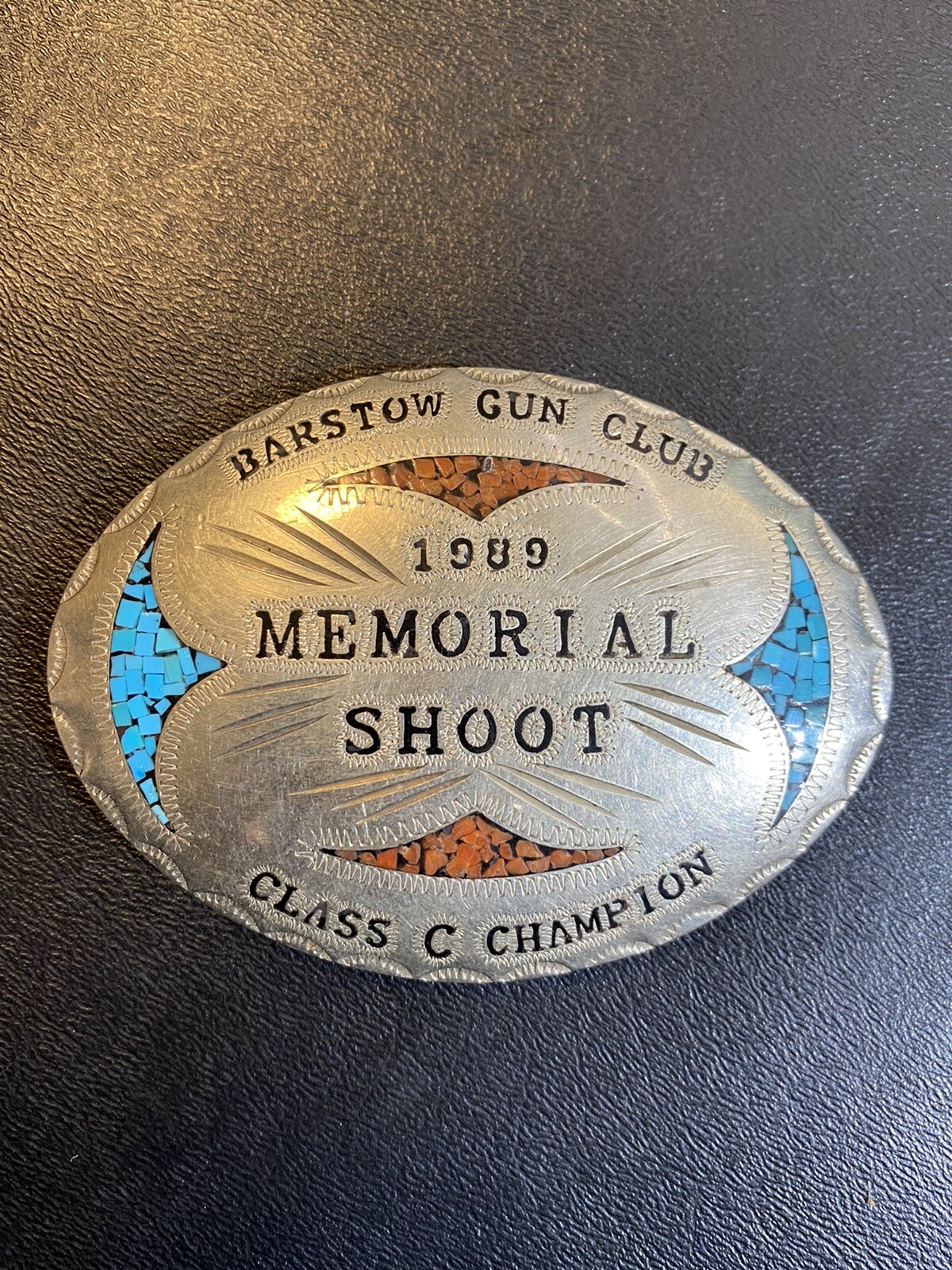 Vintage J&E Trophy belt buckle Barstow Gun Club 1989 Memorial Shoot