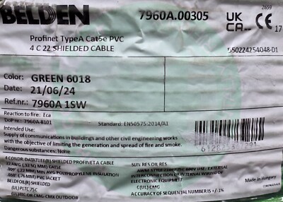 Belden 7960A 22/2P DataTuff CAT5e PROFINET Type A Network Cable PLTC Green /25ft