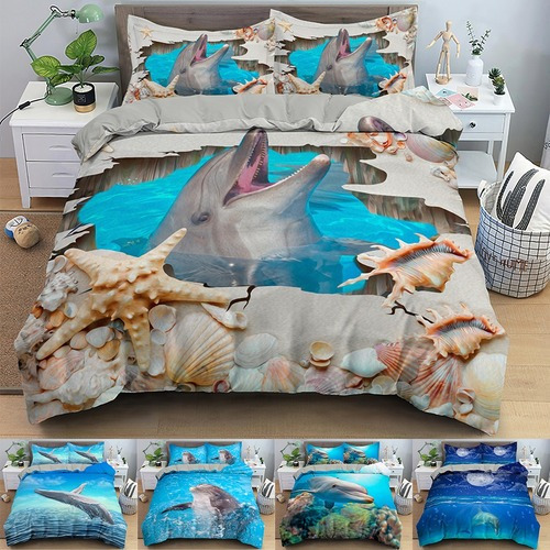 Dolphin Pattern Duvet Cover 3D Bedding Set for Boys Girls Adults Comforter Set