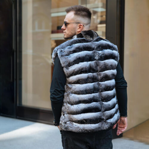 New Men 100% Real Rex Rabbit Fur Vest Coat Chinchilla Warm Gilet Thick Waistcoat - Picture 6 of 8
