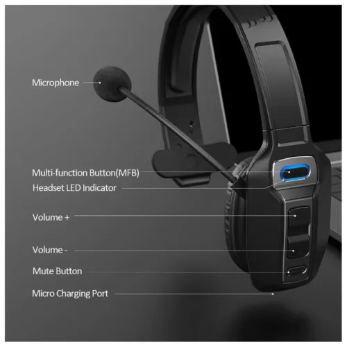 Trucker Bluetooth 5.2 Headset Wireless With Noise Cancelling Mic For Phones PC - Picture 14 of 18