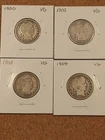 1900, 1902, 1903 & 1904 Silver Barber Quarters, All Very Good Condition
