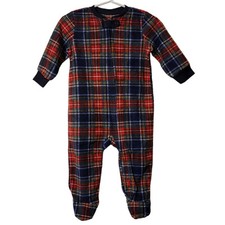 Eddie Bauer Plaid Pajamas Boys Sz 3M Red Blue 1 Pc Fleece Full Zip Christmas