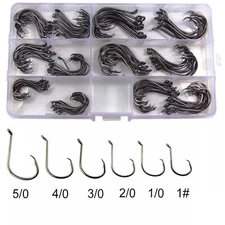 160 Offset Circle Fishing Hooks/Box - Black High Carbon Steel: Sizes #1-5/0