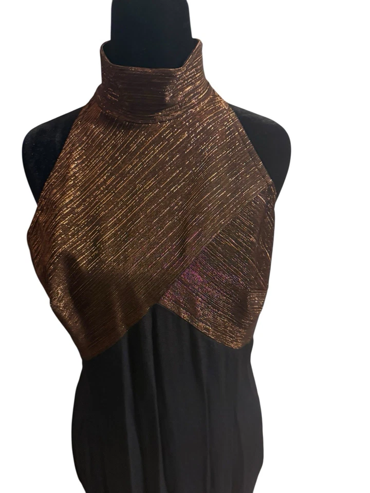 Maxi Vestido Virgo II Vintage Años 70 Metálico Cobre Halter Cuello Simulado Negro Talla 12 Foto 3 de 4