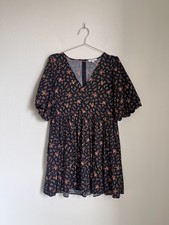 Madewell Poplin V-Neck Bubble-Sleeve Mini Dress in Black Floral Size US 12