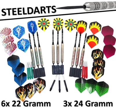 QMBASIC ODER BAUGLEICH 9 Steeldarts Dartpfeile 22g 24 g Darts Set mit Zubehör Pfeile Metallspitze Stahl