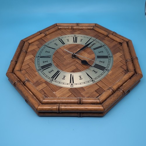 MCM Vintage Bamboo Rattan Wall Clock Wicker Basket Weave Large Circle Tiki 12.5" - Picture 4 of 9