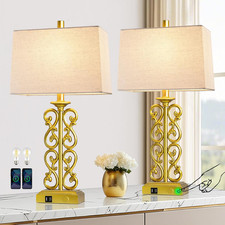 Modern 25" Gold Resin Table Lamps Set of 2 with USB Ports  Dimmable 3-Way