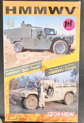 Dragon 1/72 Armor Pro M998 HMMWV Gun Truck + Cargo Model Kit, Green/Tan