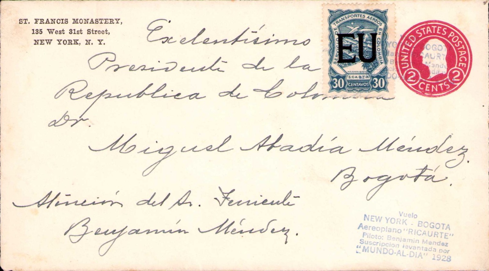 USA - COLOMBIA - SCADTA - "MENDEZ" CRASH 2c STATIONARY COVER - ONLY RECORDED