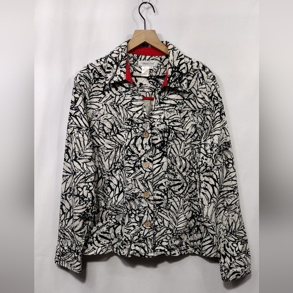 Coldwater Creek Leaves Print Jacket Women's 2X White Black Boho Retro Y2K 90s