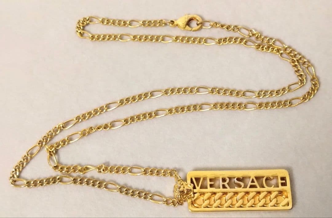 Versace Rectangular Logo Pendant Necklace Gold Le… - image 5