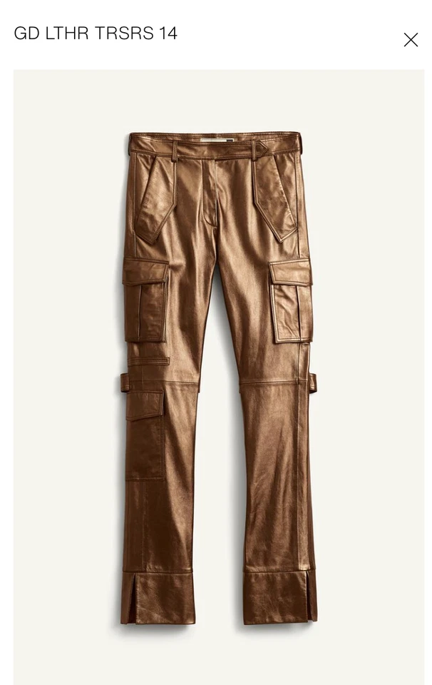 Pantalones cargo para mujer Zara SPRLS dorados metálicos marrones cuero genuino S 8 Foto 3 de 4