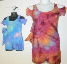 Shorty Unitard w/ hair tie TieDye cold shoulder 3 clrs dance costume ch/adlt