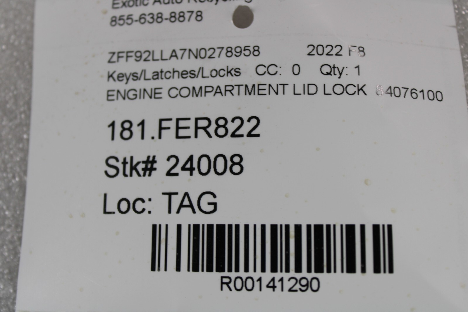 Ferrari F8, 458, 488, Deck Lid Latch, Used, P/N 84076100