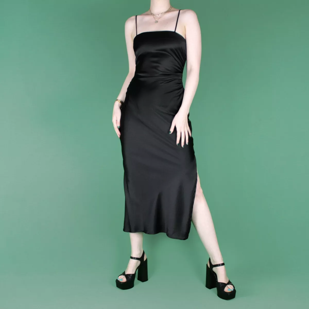 ZARA Black Satin Ruched Strappy Spaghetti Midi Long Evening Cami