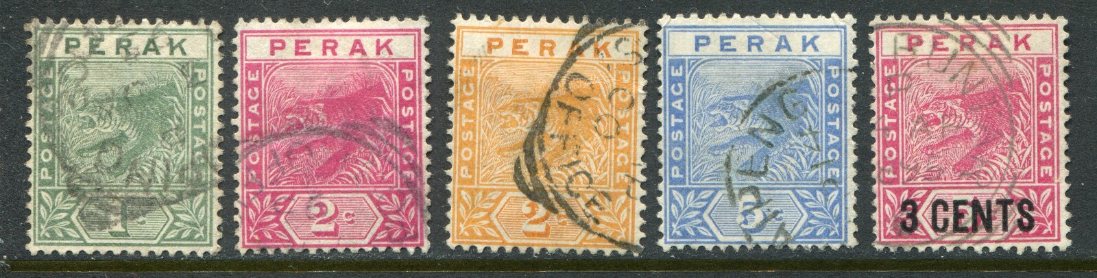 Malaysia (Perak) 1892-95 1c-5c & 3c/5c SG 61-65 used (cat. £28.50)