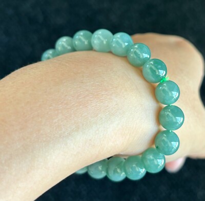9mm Icy Green Round Beads Jadeite Jade Bracelet, 100% Untreated Certified