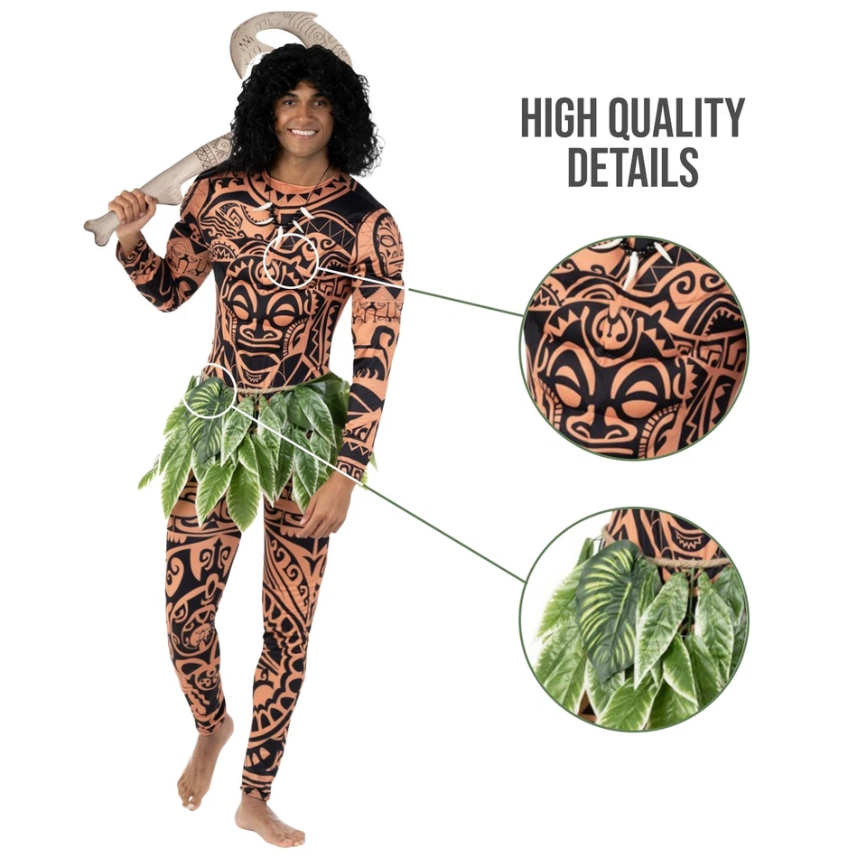 Mens Maui Costume Adult Tattoo Warrior Hawaiian Polynesian Demi God Bodysuit - Image 4 of 4