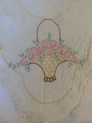 Embroidered Table Runner Dresser Scarf Oblong Lace Trim Flower Basket 30x48''