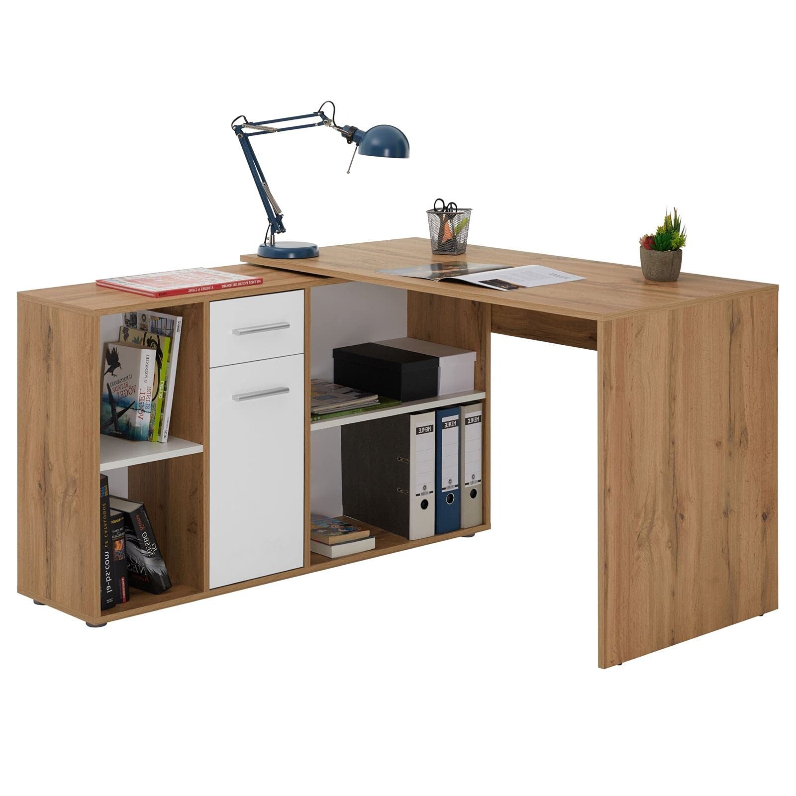 Bureau d'angle modulable en bois noble et grands tiroirs blancs au design épuré