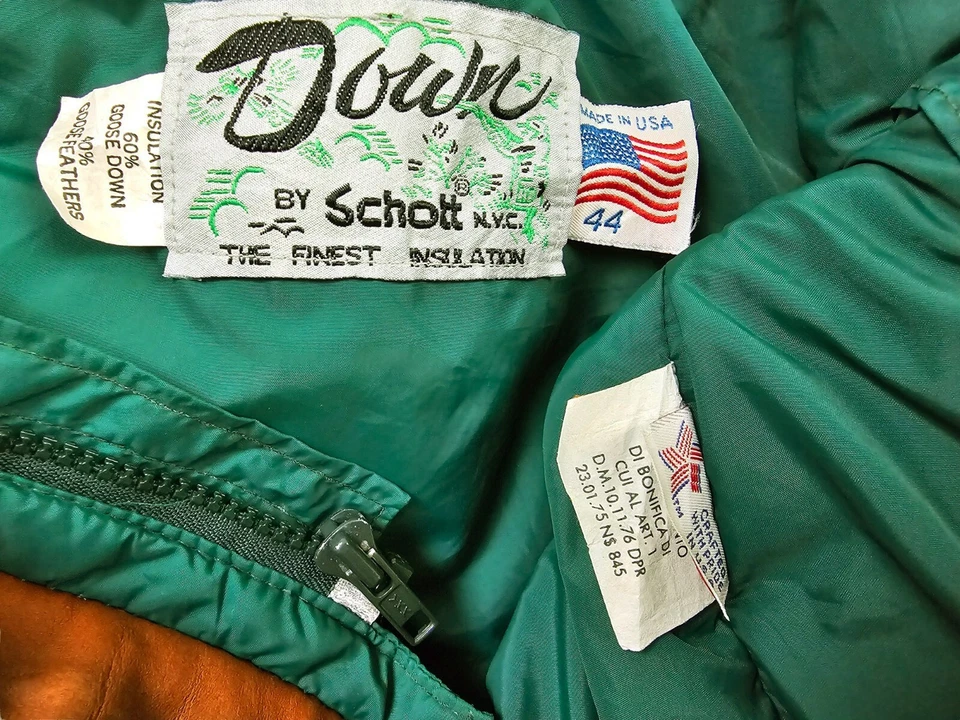 *HOT VTG Men's SCHOTT SPORTS QUILTED DOWN PUFFER GREEN BROWN LEATHER Jacket 44 M - Image 4 of 4