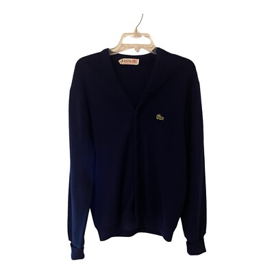 VTG Izod Lacoste Mens Cardigan Sweater L Navy Blue Grandpa Made in 