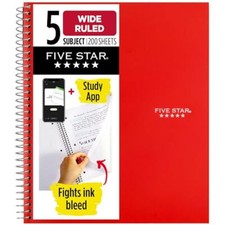 Spiral Notebook  Study App, 5 Subject, Wide Ruled Paper, 10.5"L x 8"W Red
