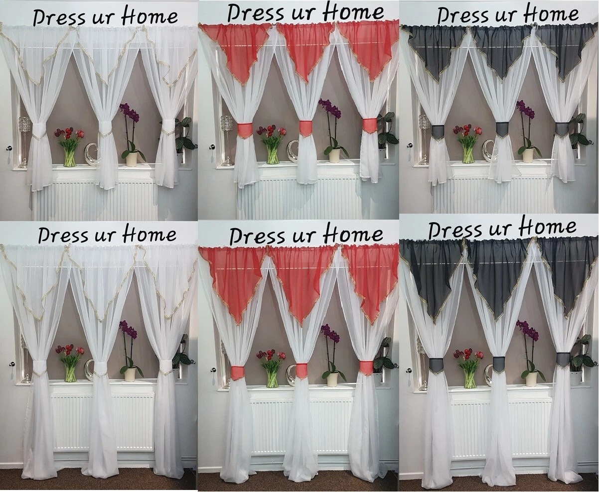 Ready made voile net curtain with white red black flounce gold diamante straps