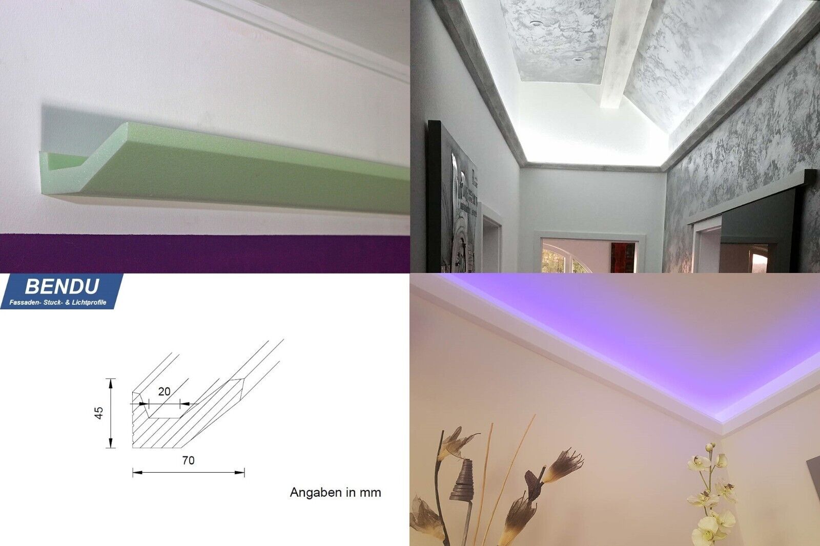 Stuckleisten LED Licht-Profile für indirekte Deckenbeleuchtung im Gang Flur XPS