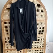 Pretty Little Thing Black Textured Mini Dress Long Sleeve Size 10 M Ruched Waist