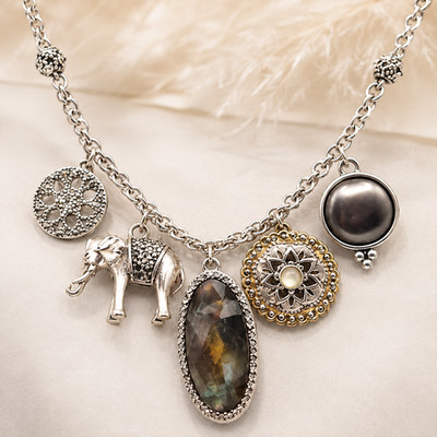 Lucky Brand Elephant Long Charm Necklace Abalone Boho Indie Festival 30 
