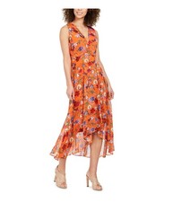 Calvin Klein Womens Floral High-Low Dress, orange, 16