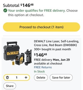 DEWALT DW088K Line Laser Self-Leveling, Cross Line, Red Beam