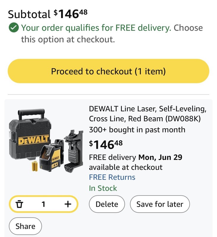 DEWALT DW088K Line Laser Self-Leveling, Cross Line, Red Beam