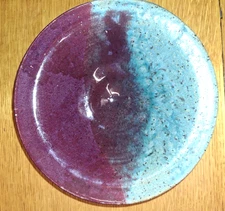 Hand-Thrown Studio Art Pottery Bowl, Grey, Burgundy Teal Speckled Glaze 7.25" W
