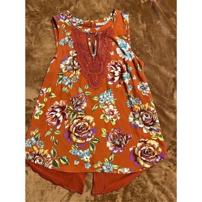 Daniel Rainn Women's PS Orange Tropical Print Embroidered Sleeveless Blouse