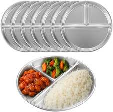 8 Pack Stainless Steel Portion Control Plates, 9-Inch Kids Plates with 3-Compart