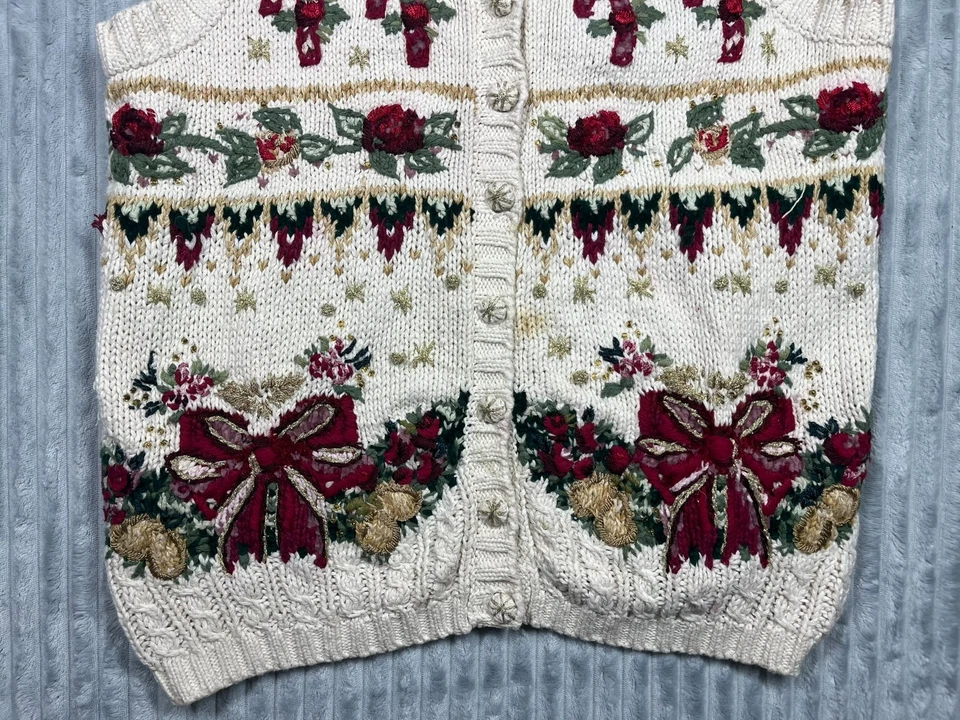 Vintage Ugly Christmas Sweater Vest Women's L Chunky Knit Embroidered Grandma * - Image 4 of 4