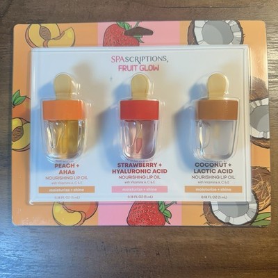SpaScriptions 3Pc Fruit Glow Nourishing Lip Oil Set Peach Strawberry Coconut NIP