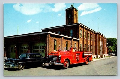 Valleyfield Quebec Fire Station Fire Truck Vintage Car UNIC Postcard