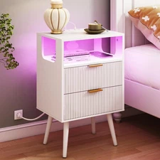 White Nightstand with Charging Station and LED Lights,Modern Bedside Table wi...