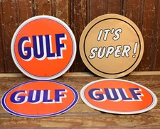 GULF GASOLINE GAS STATION DECAL SIGN 4PC LOT 6" ROUND MIXED LOGO YEARS ITS SUPER