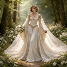 Elegant Victorian Off-Shoulder Wedding Gown V-neck Train-Length Long Sleeves