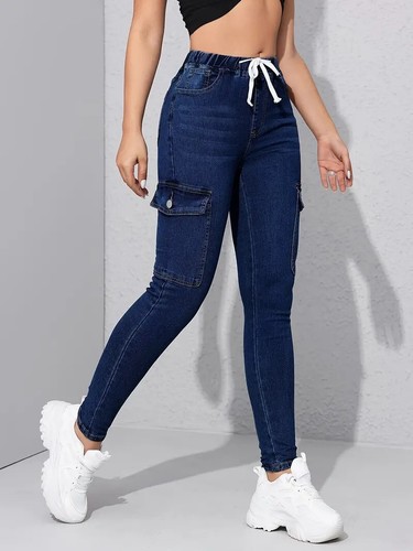 Drawstring Elastic Waist Washed Skinny Jeans, Slim Fit Flap Pockets Cargo Size M - Picture 5 of 6