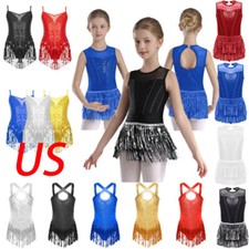 Girls Latin Dance Dress Sleeveless Sequins Tassel Hem Skirted Leotard Dress